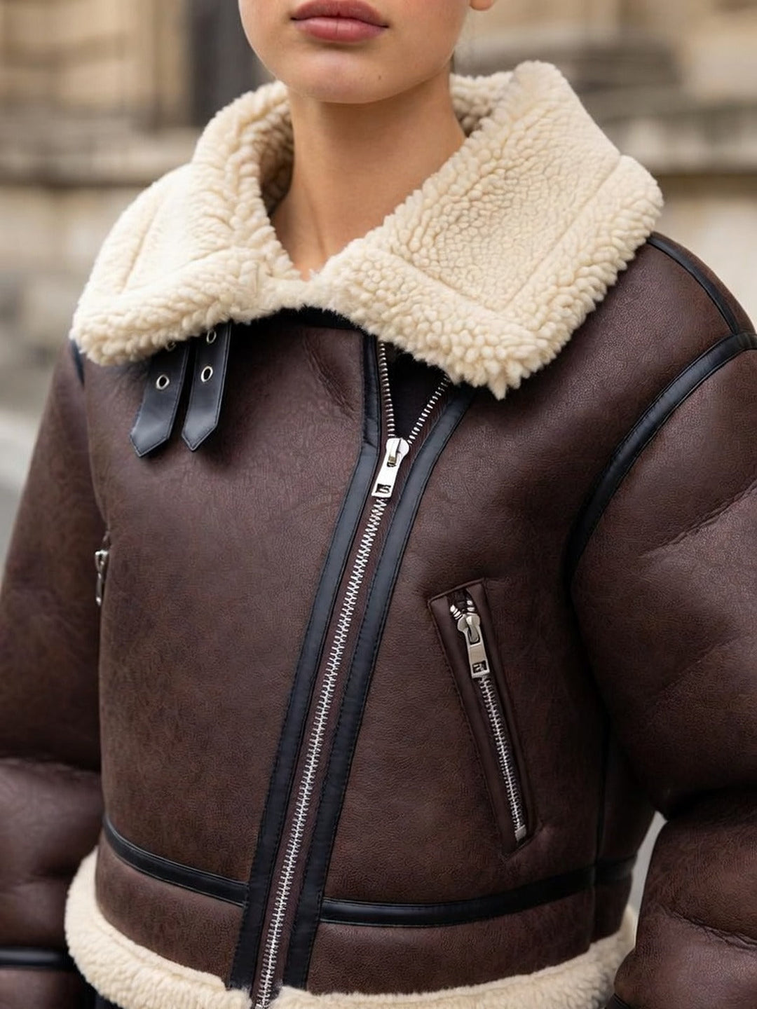 Blouson Femme Aviateur Coupe Courte Col Fausse Fourrure Et Poches Zippées