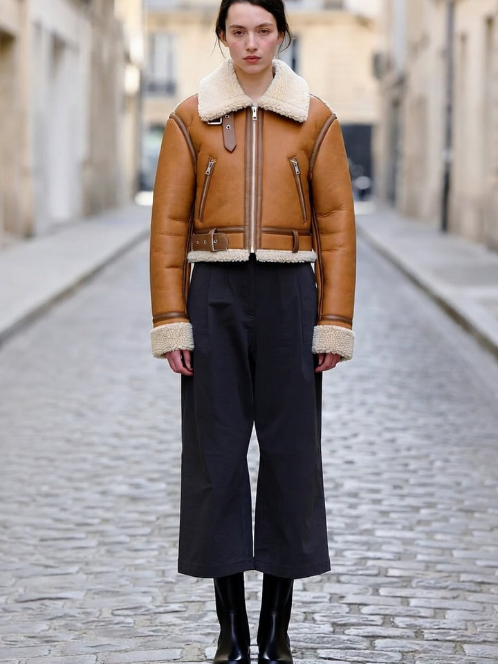 Blouson Femme Aviateur Coupe Courte Col Fausse Fourrure Et Poches Zippées