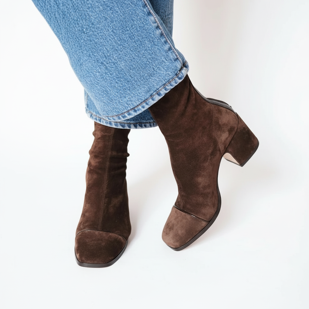 Bottines Femme Effet Suédine à Bout Carré et Talon Bloc