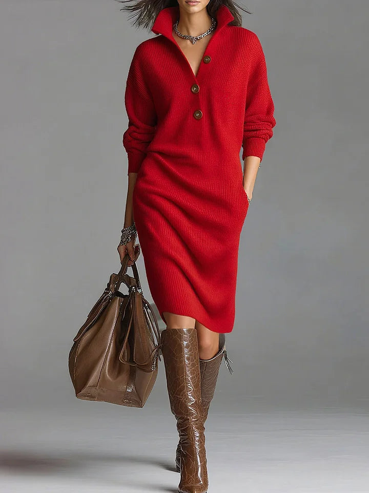 Robe Midi Femme avec Col Boutonné et Coupe Confortable