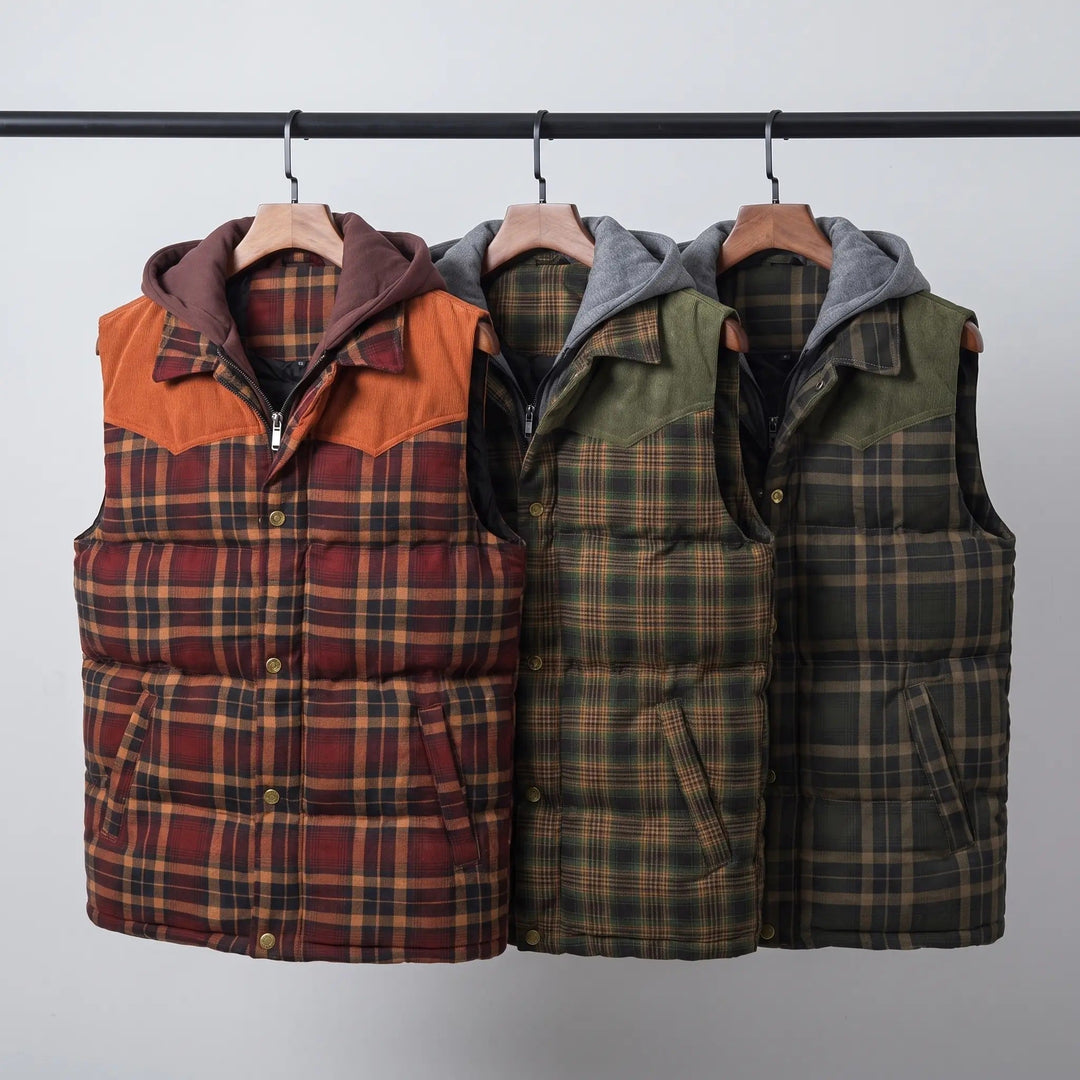 Gilet Matelassé Homme à Capuche Carreaux Boutonné