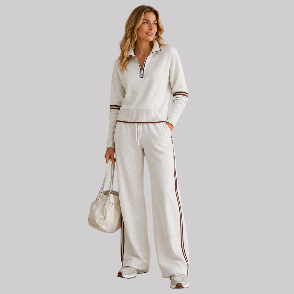 Ensemble Sweat à Demi Zip et Pantalon Large à Bandes Contrastantes pour Femme