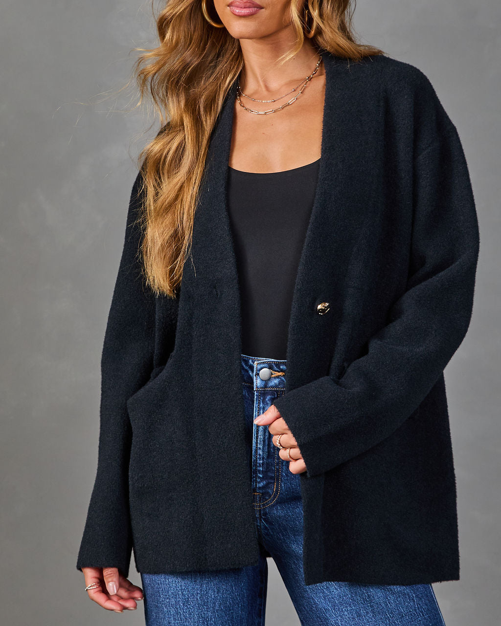 Cardigan Femme en Maille Brossée avec Poches à Rabat