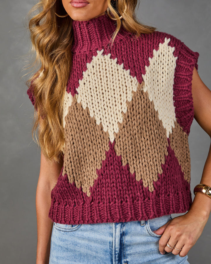 Pull Sans Manches Femme en Maille Argyle à Col Montant