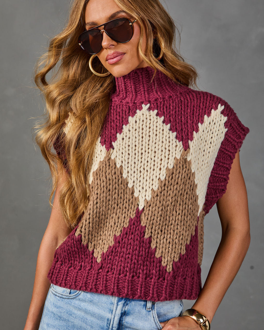 Pull Sans Manches Femme en Maille Argyle à Col Montant
