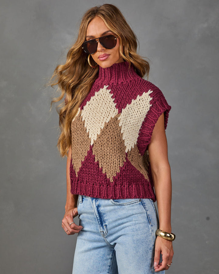 Pull Sans Manches Femme en Maille Argyle à Col Montant