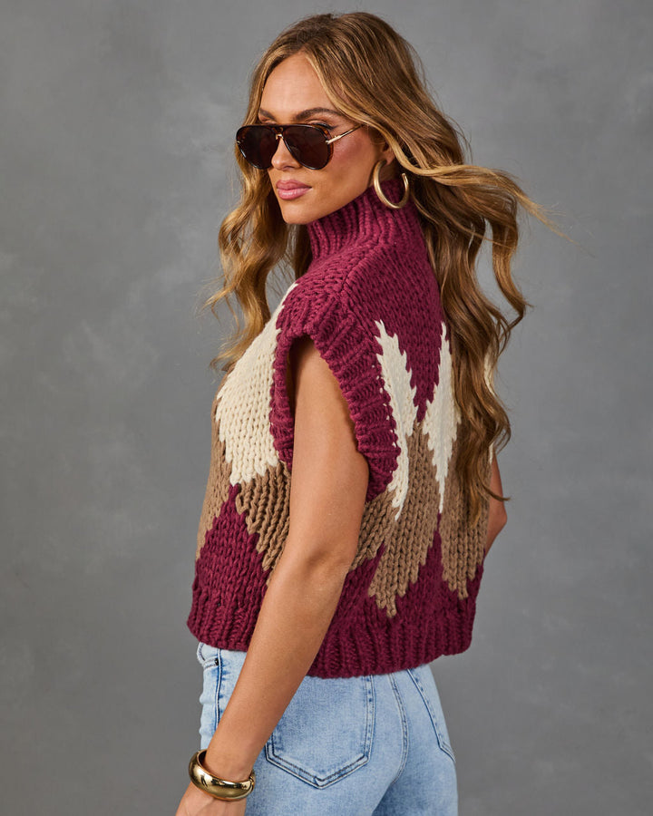 Pull Sans Manches Femme en Maille Argyle à Col Montant