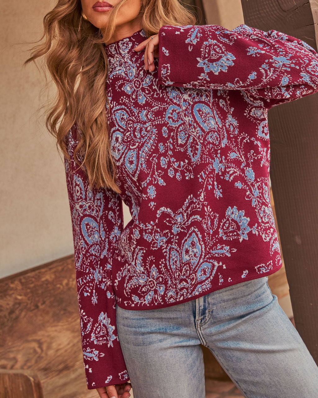 Pull Femme en Maille à Motif Cachemire Manches Longues