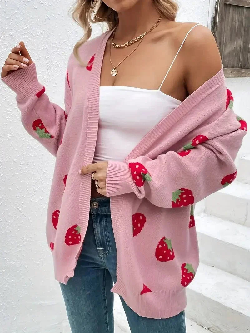 Cardigan Femme Maille Oversize Avec Motif Fraises