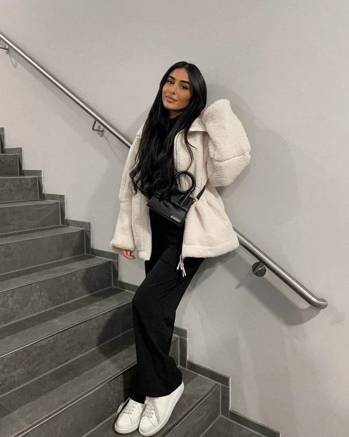 Manteau Femme Teddy À Capuche Zip Intégral Coupe Décontractée Et Poches