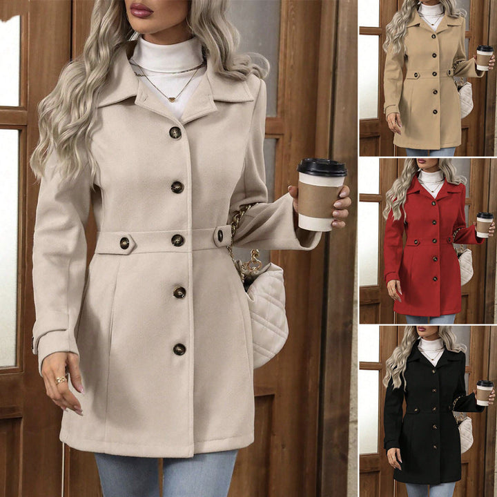 Manteau Femme Mi-Long en Mélange de Laine à Revers et Simple Boutonnage
