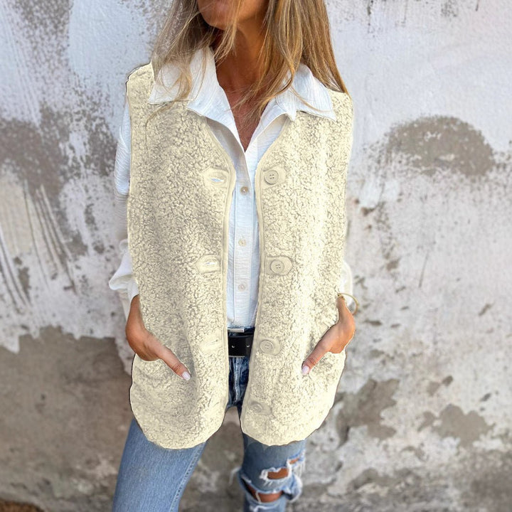 Gilet Femme Boutonné Maille Bouclette Poches Plaquées