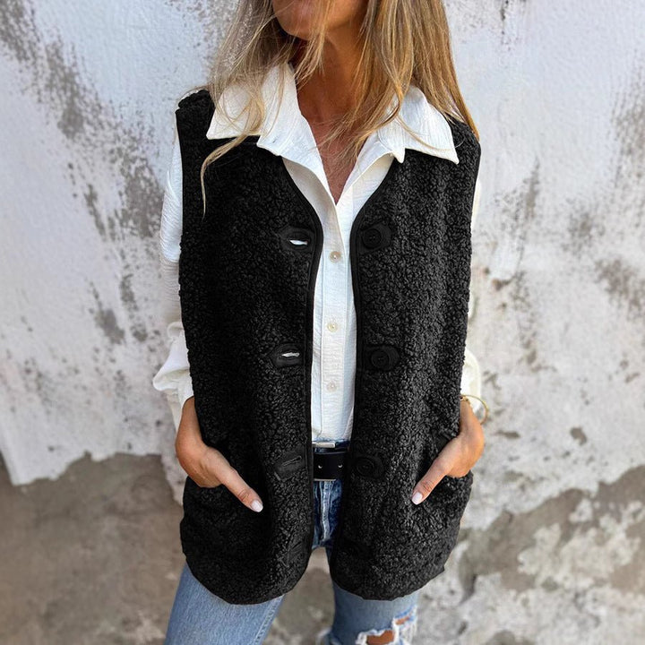 Gilet Femme Boutonné Maille Bouclette Poches Plaquées