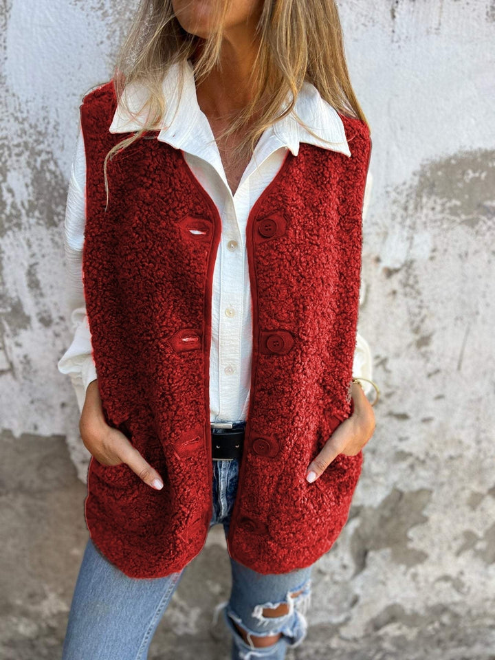 Gilet Femme Boutonné Maille Bouclette Poches Plaquées