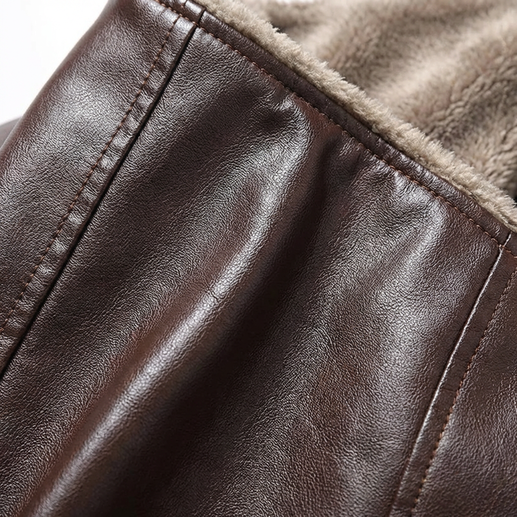 Blouson Motard Homme En Cuir Col Fausse Fourrure Et Poches Latérales
