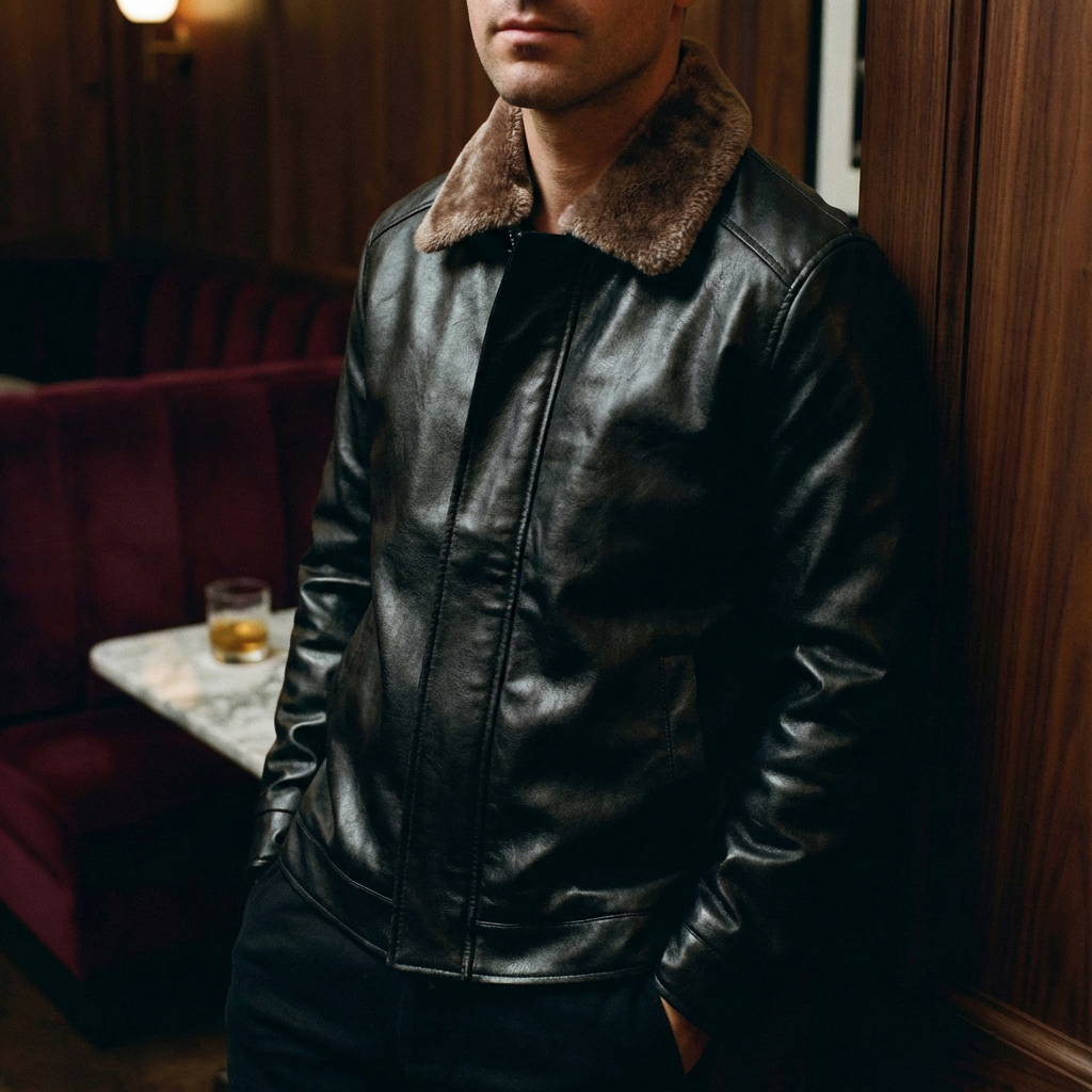 Blouson Motard Homme En Cuir Col Fausse Fourrure Et Poches Latérales
