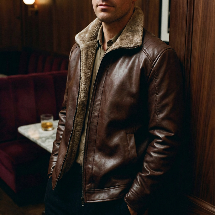 Blouson Motard Homme En Cuir Col Fausse Fourrure Et Poches Latérales