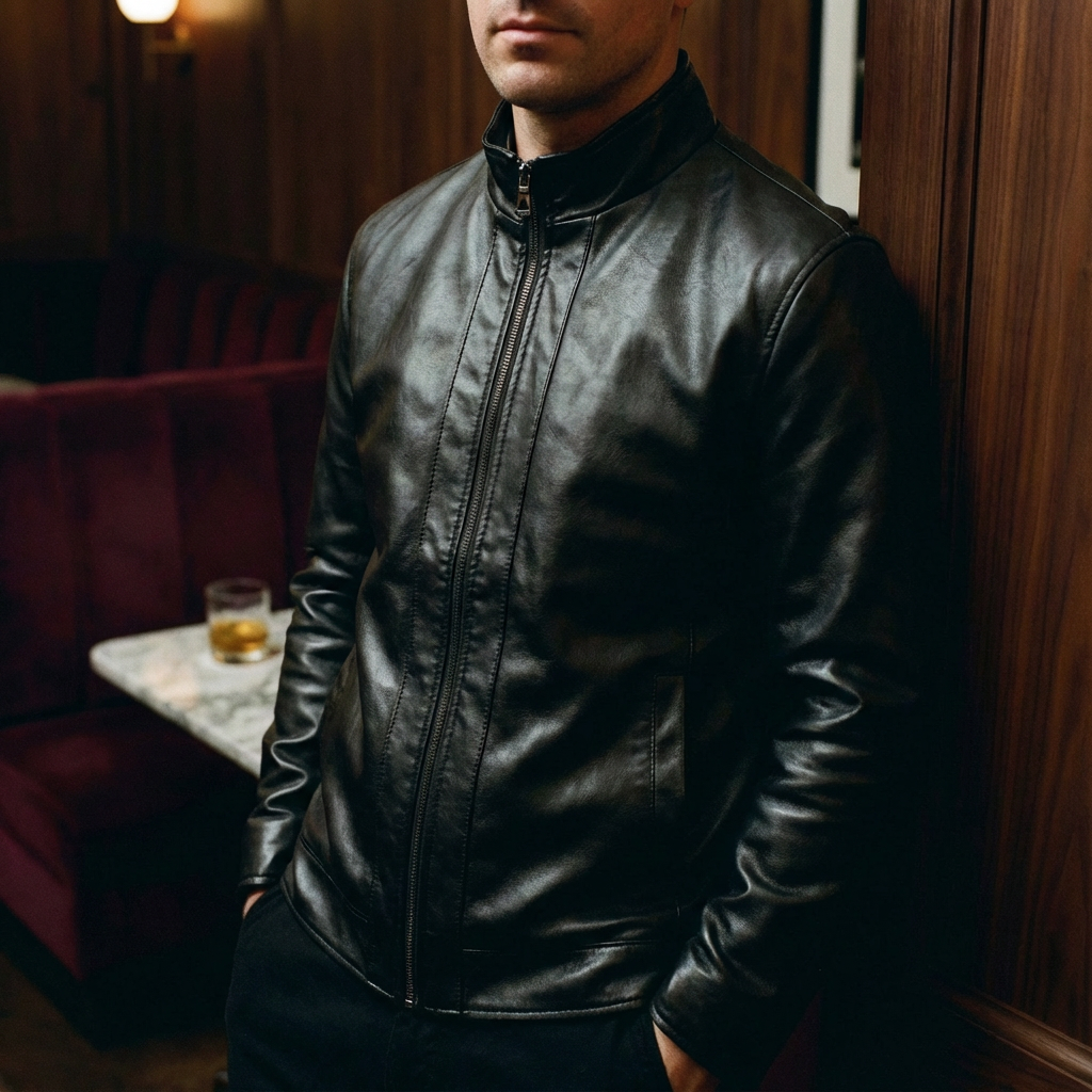 Blouson Motard Homme En Cuir Col Fausse Fourrure Et Poches Latérales