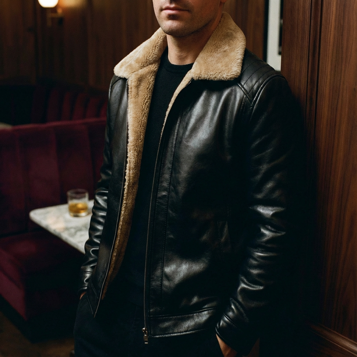 Blouson Motard Homme En Cuir Col Fausse Fourrure Et Poches Latérales