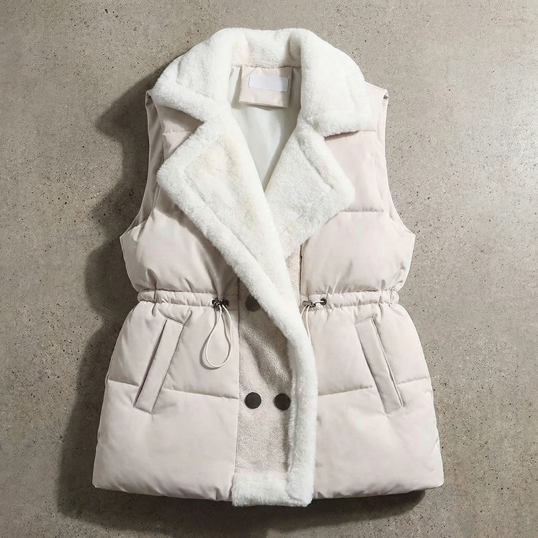 Gilet Femme Matelassé Col Fausse Fourrure Et Taille À Cordon Coulissant