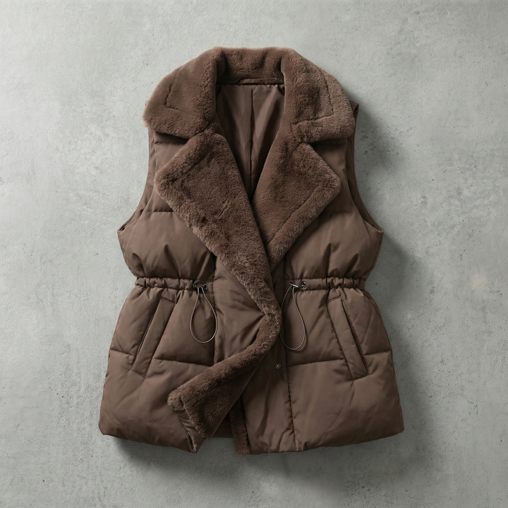Gilet Femme Matelassé Col Fausse Fourrure Et Taille À Cordon Coulissant