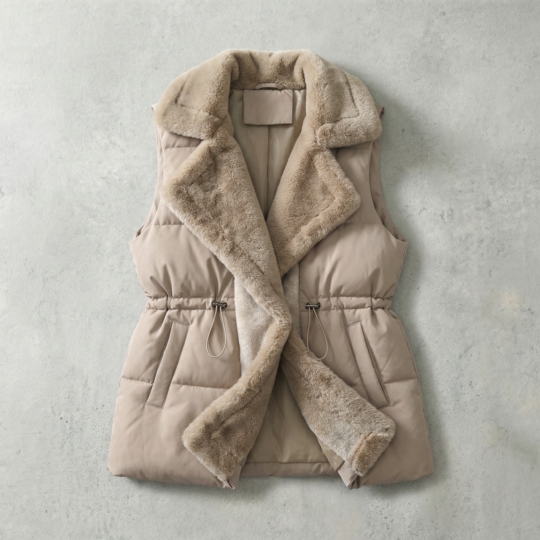 Gilet Femme Matelassé Col Fausse Fourrure Et Taille À Cordon Coulissant