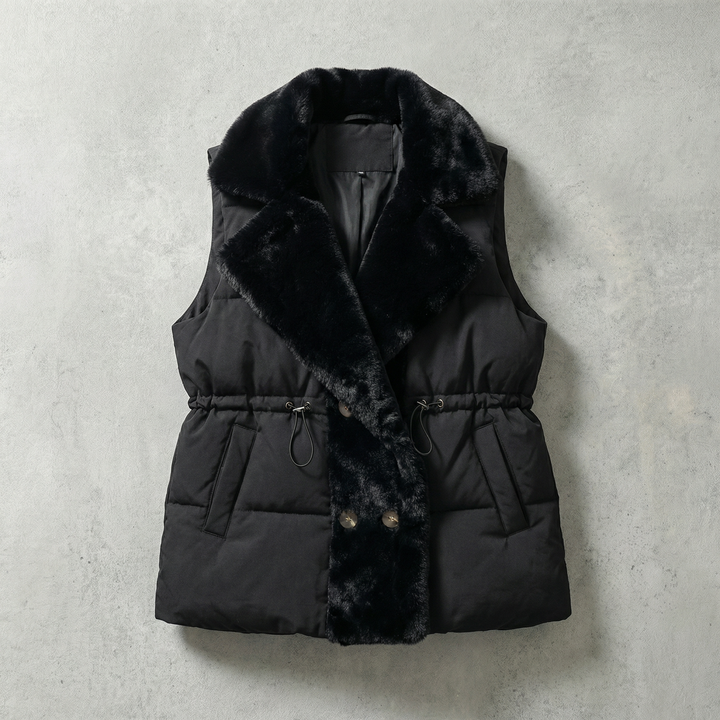 Gilet Femme Matelassé Col Fausse Fourrure Et Taille À Cordon Coulissant