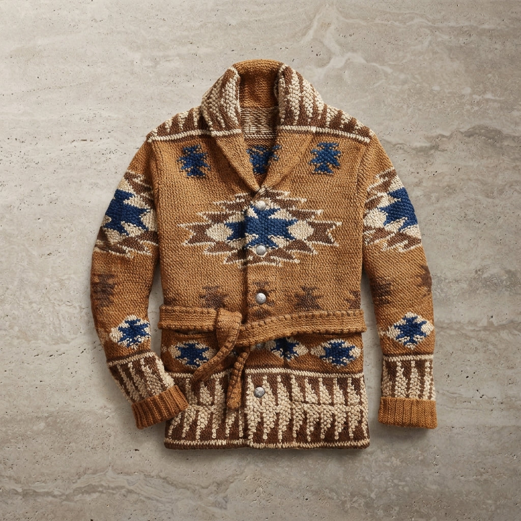 Cardigan Homme Maille Jacquard Motif Azteque Ceinturé Et Col Châle