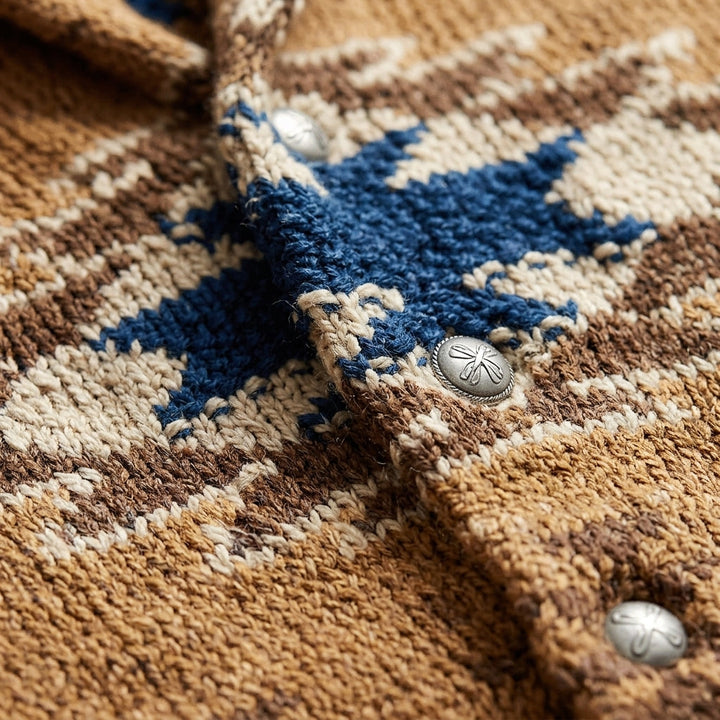 Cardigan Homme Maille Jacquard Motif Azteque Ceinturé Et Col Châle