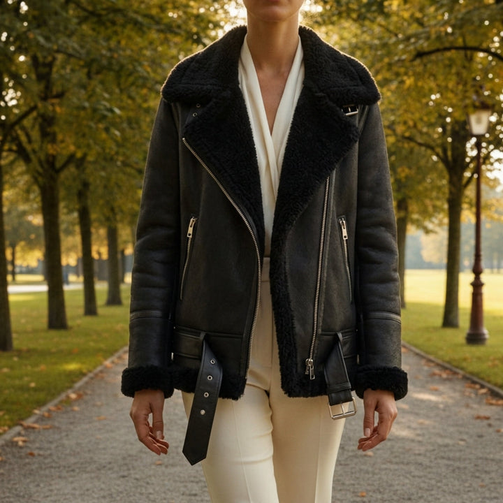 Blouson Femme En Daim Doublure Fausse Fourrure Col Revers Et Ceinture