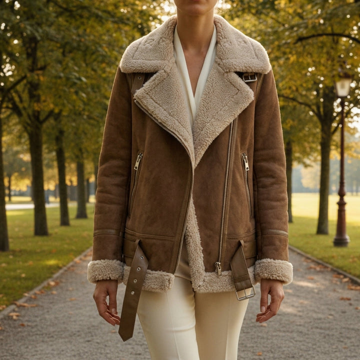 Blouson Femme En Daim Doublure Fausse Fourrure Col Revers Et Ceinture