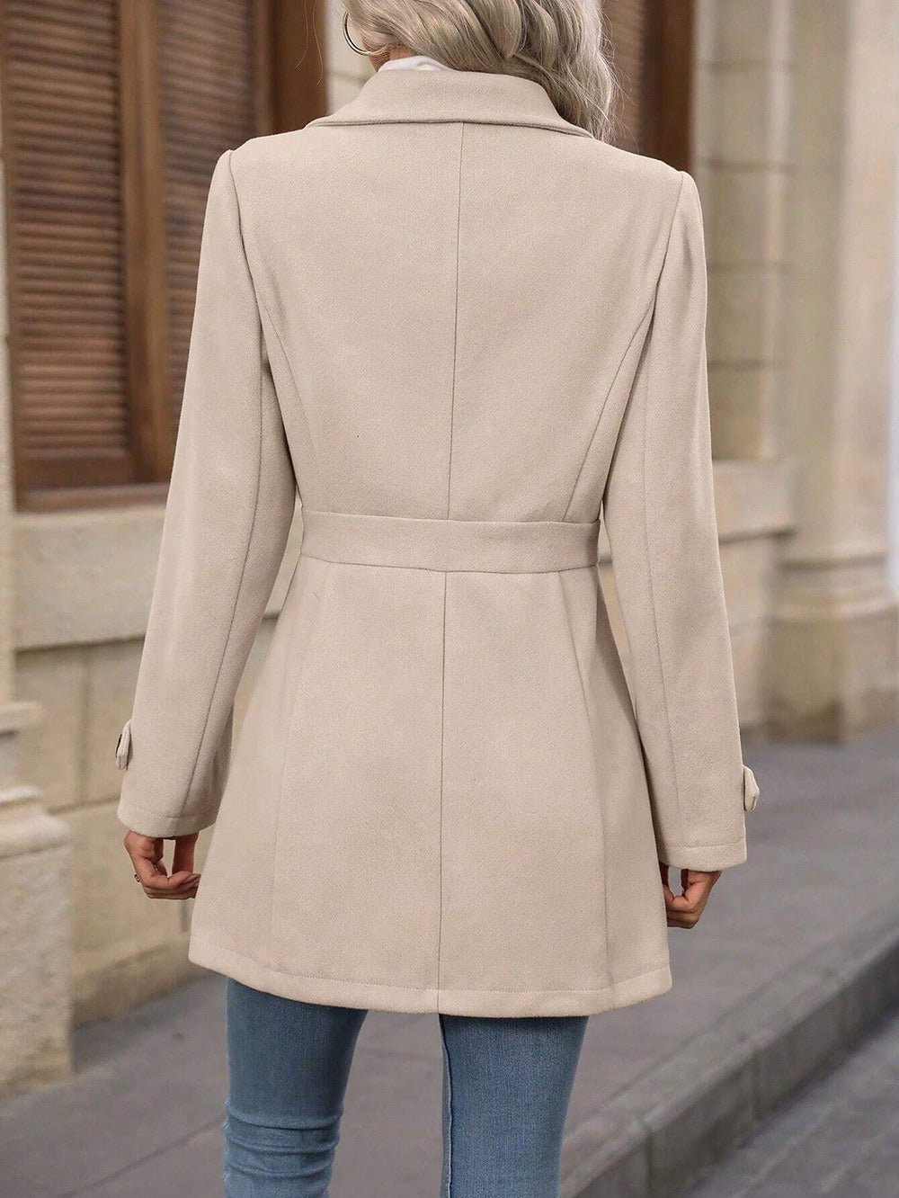 Manteau Femme Mi-Long en Mélange de Laine à Revers et Simple Boutonnage