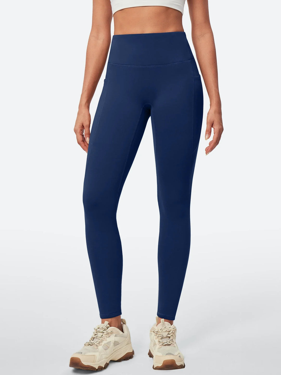 Legging Femme Taille Haute Doublé Polaire Sans Couture Avant Avec Poches