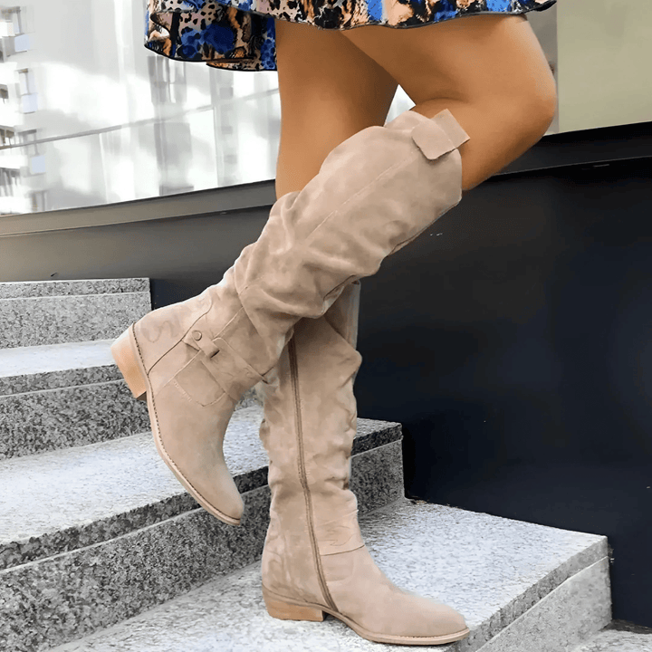 Bottes Hautes Femme en Daim avec Fermeture Éclair et Talon Bloc Bas