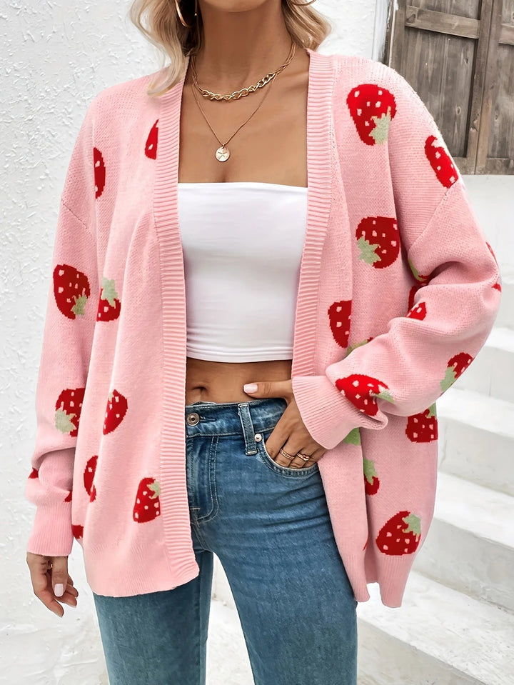 Cardigan Femme Maille Oversize Avec Motif Fraises