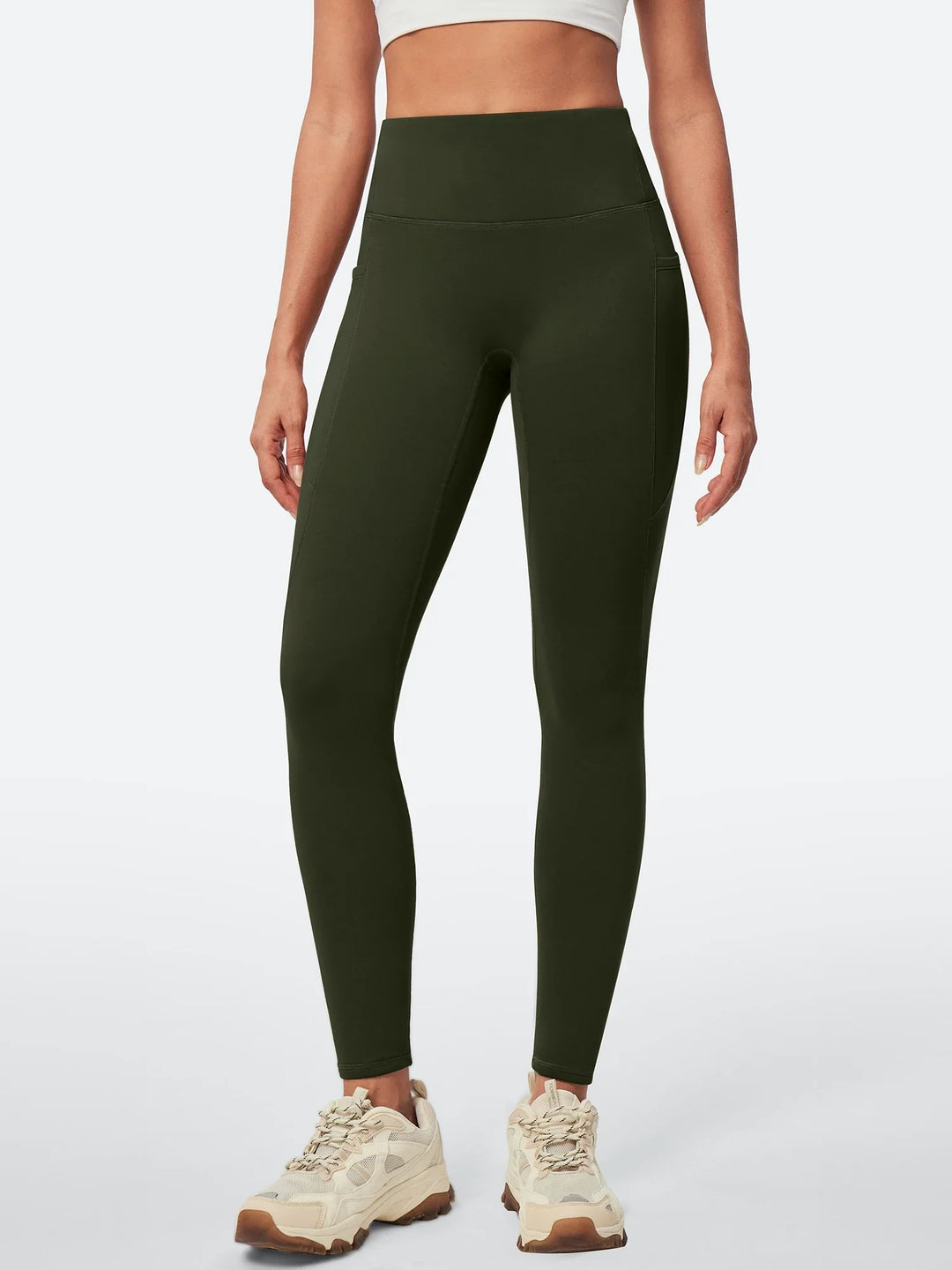 Legging Femme Taille Haute Doublé Polaire Sans Couture Avant Avec Poches