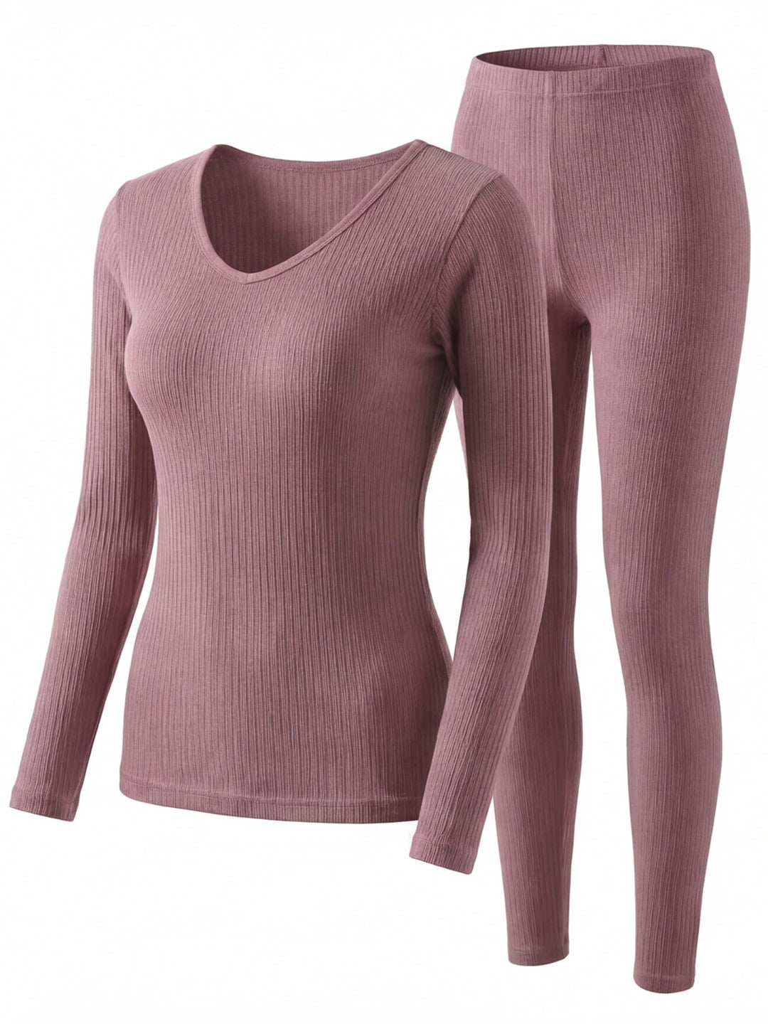 Ensemble Thermique Femme À Côtes Avec Haut Manches Longues Et Legging