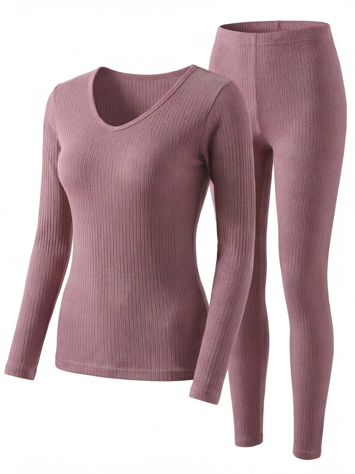 Ensemble Thermique Femme À Côtes Avec Haut Manches Longues Et Legging