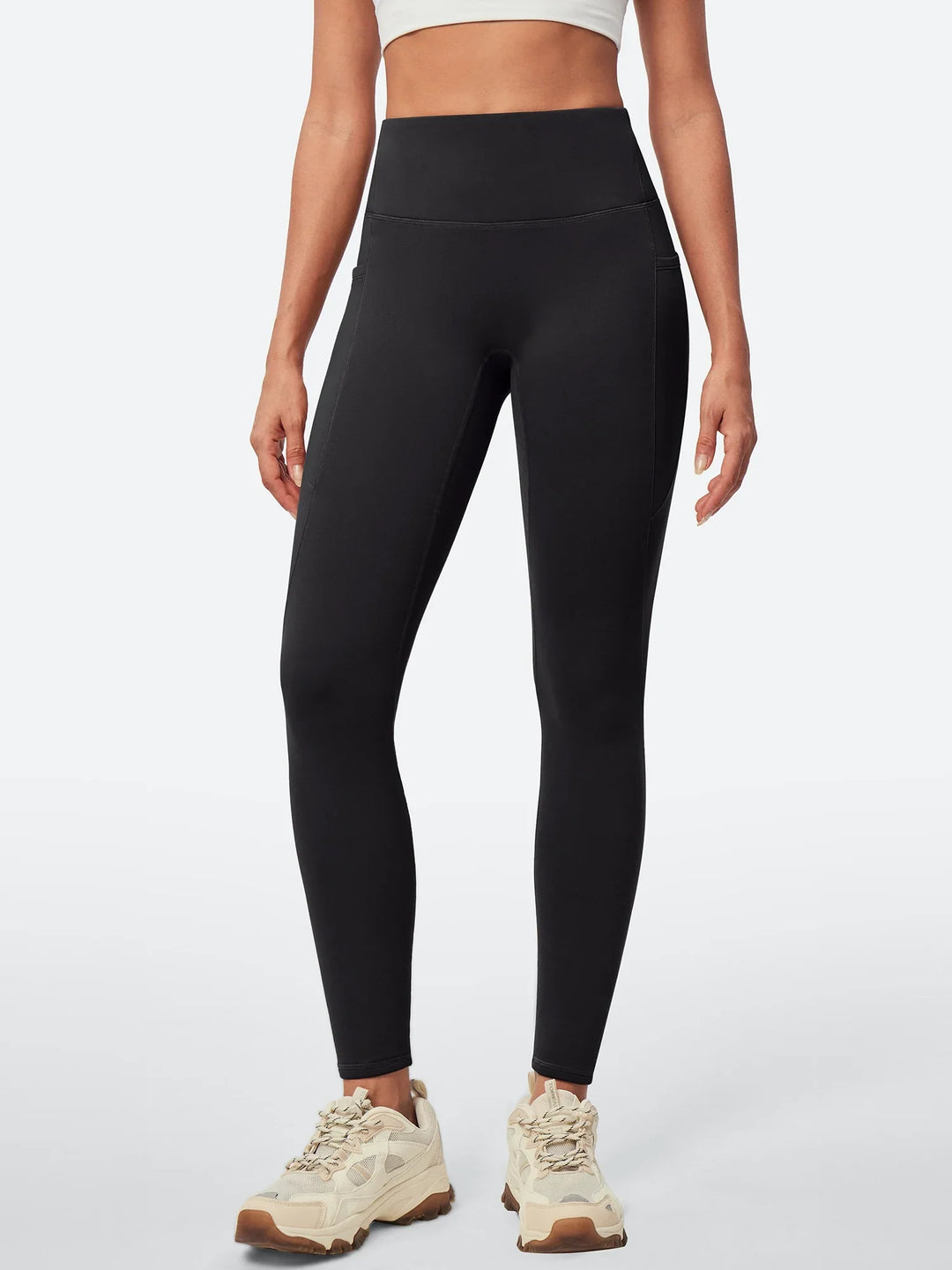 Legging Femme Taille Haute Doublé Polaire Sans Couture Avant Avec Poches