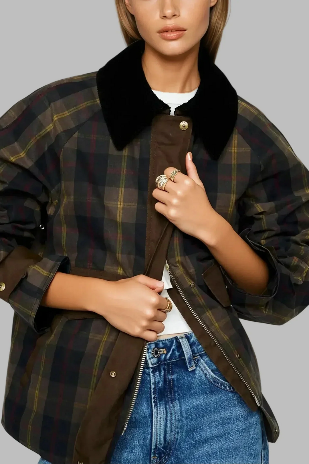 Veste Femme Carreaux Col Fourrure Boutonnée Manches Longues