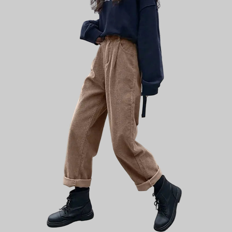 Pantalon Femme en Velours Côtelé Taille Haute à Jambes Larges – Coton Mélangé