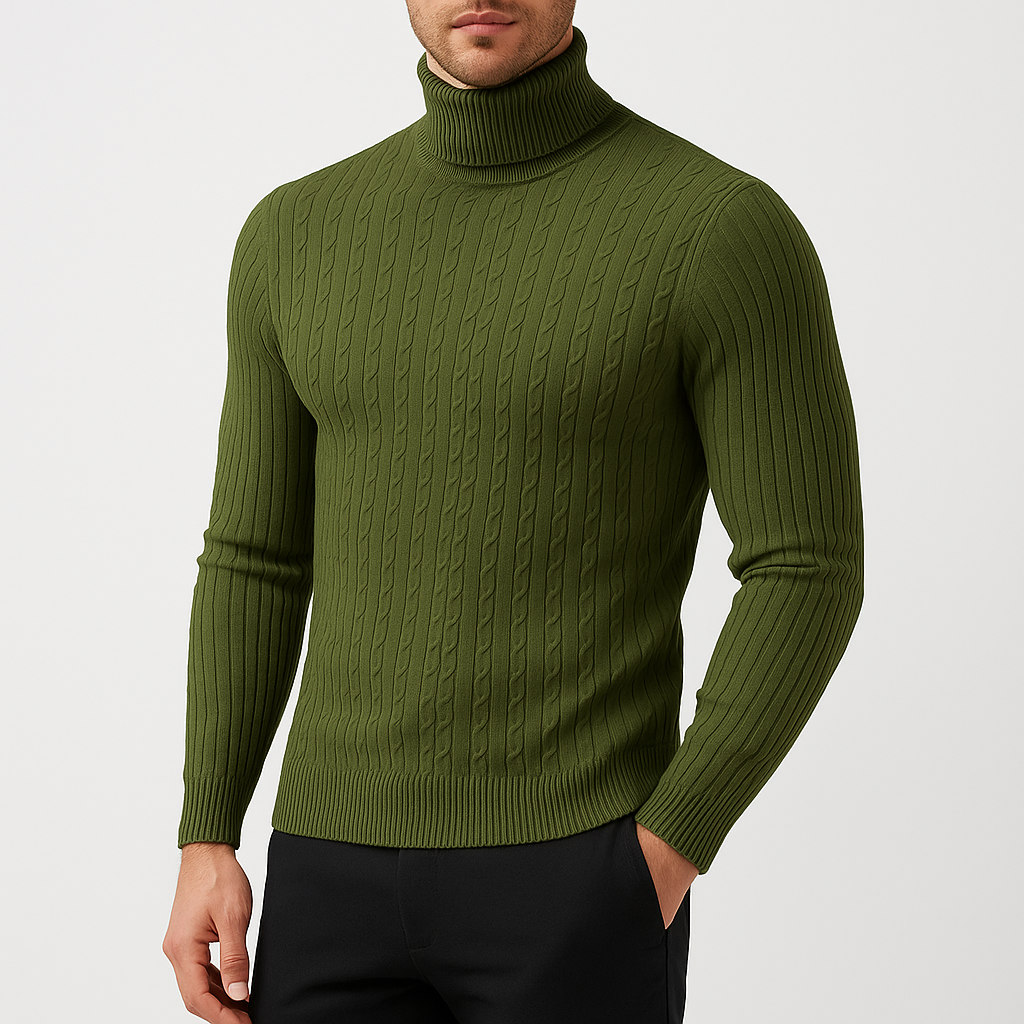 Pull Col Roulé Homme Maille Torsadée Manches Longues
