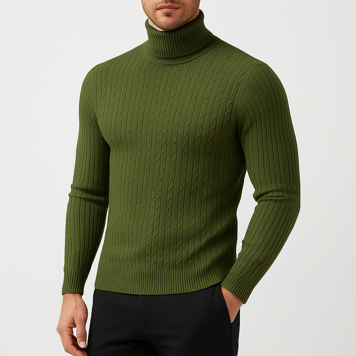 Pull Col Roulé Homme Maille Torsadée Manches Longues