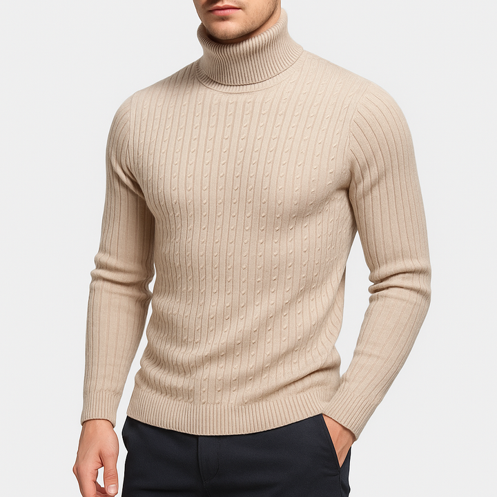 Pull Col Roulé Homme Maille Torsadée Manches Longues