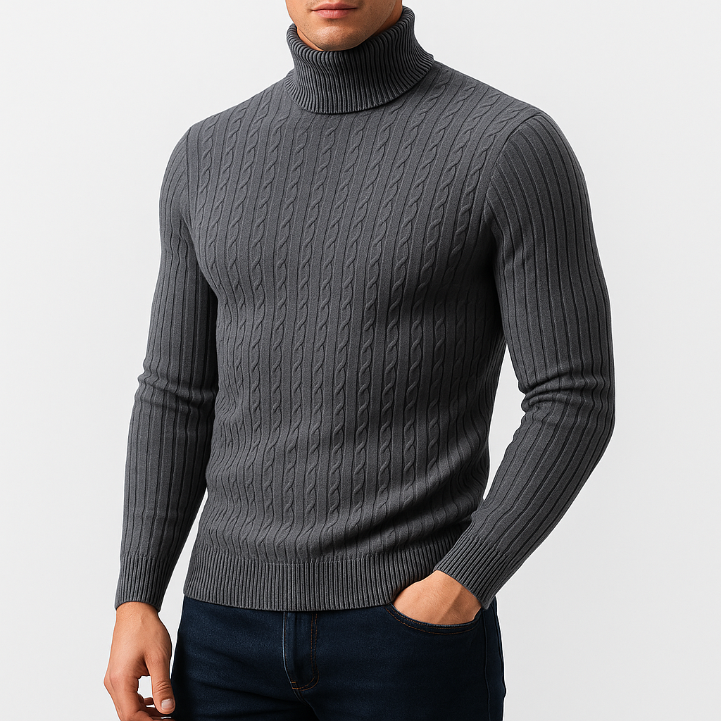 Pull Col Roulé Homme Maille Torsadée Manches Longues