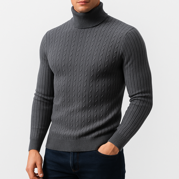Pull Col Roulé Homme Maille Torsadée Manches Longues