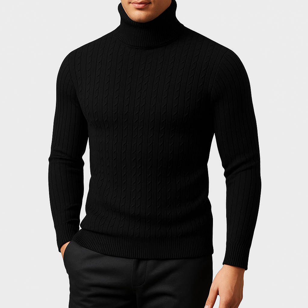 Pull Col Roulé Homme Maille Torsadée Manches Longues