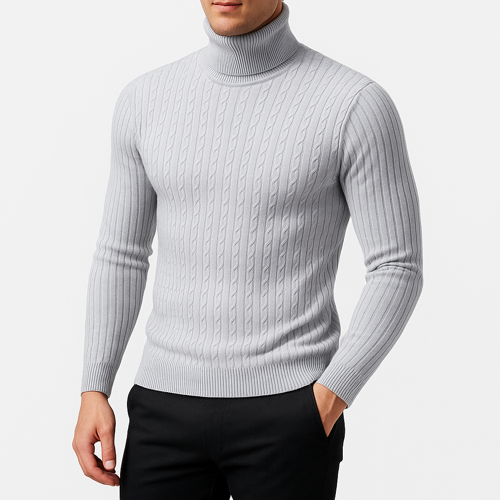 Pull Col Roulé Homme Maille Torsadée Manches Longues