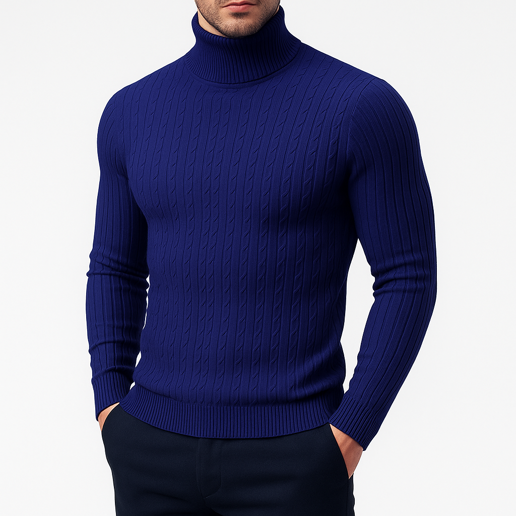 Pull Col Roulé Homme Maille Torsadée Manches Longues