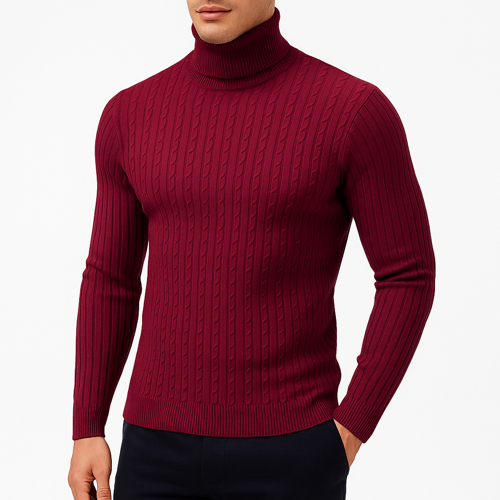 Pull Col Roulé Homme Maille Torsadée Manches Longues